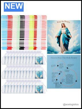 Plastic Rosary Cross Necklace Set with Prayer Card & Bag Religious Gift